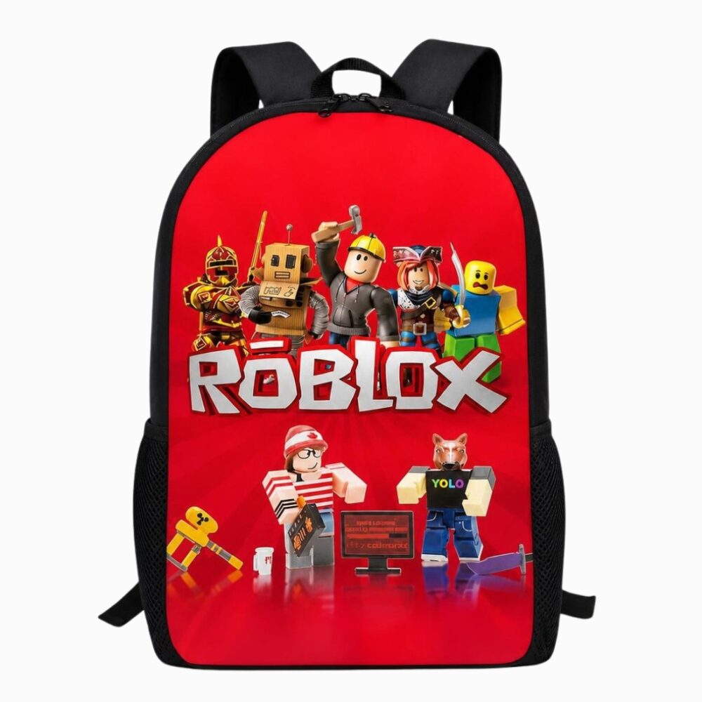 Un cartable Roblox rouge avec des personnages du jeu imprimés dessus, sur fond blanc.