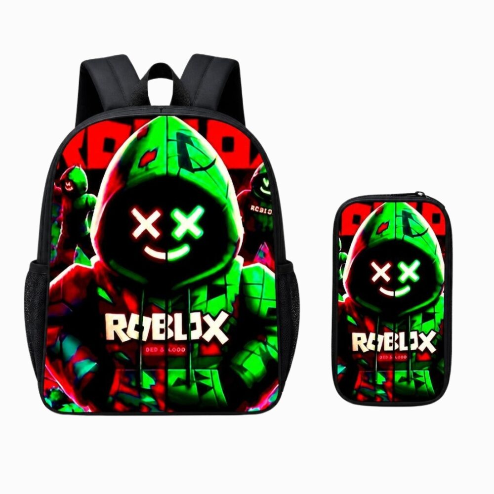 Un cartable Roblox vert et rouge avec trousse, avec un grand personnage hoodé au visage lumineux, sur fond blanc.