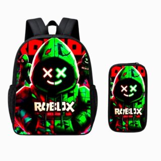 Un cartable Roblox vert et rouge avec trousse, avec un grand personnage hoodé au visage lumineux, sur fond blanc.