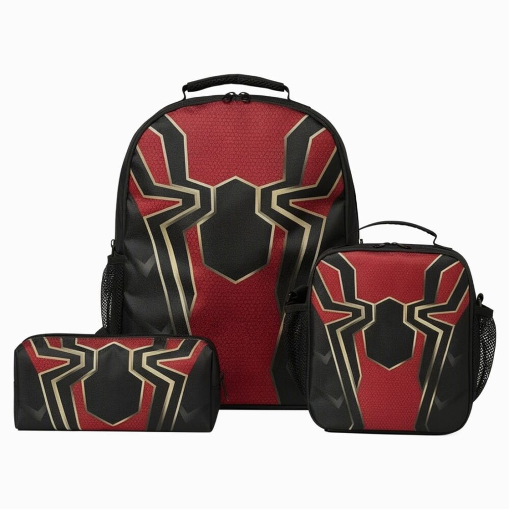 Un enfant porte un cartable Spiderman rouge et noir avec trousse et sac repas isotherme, décoré du masque rouge et noir de Spider-Man, sur fond blanc.