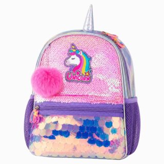 Un cartable licorne à sequins scintillants rose et violet, avec une corne brillante, un pompon tout doux et des poches sur les côtés.